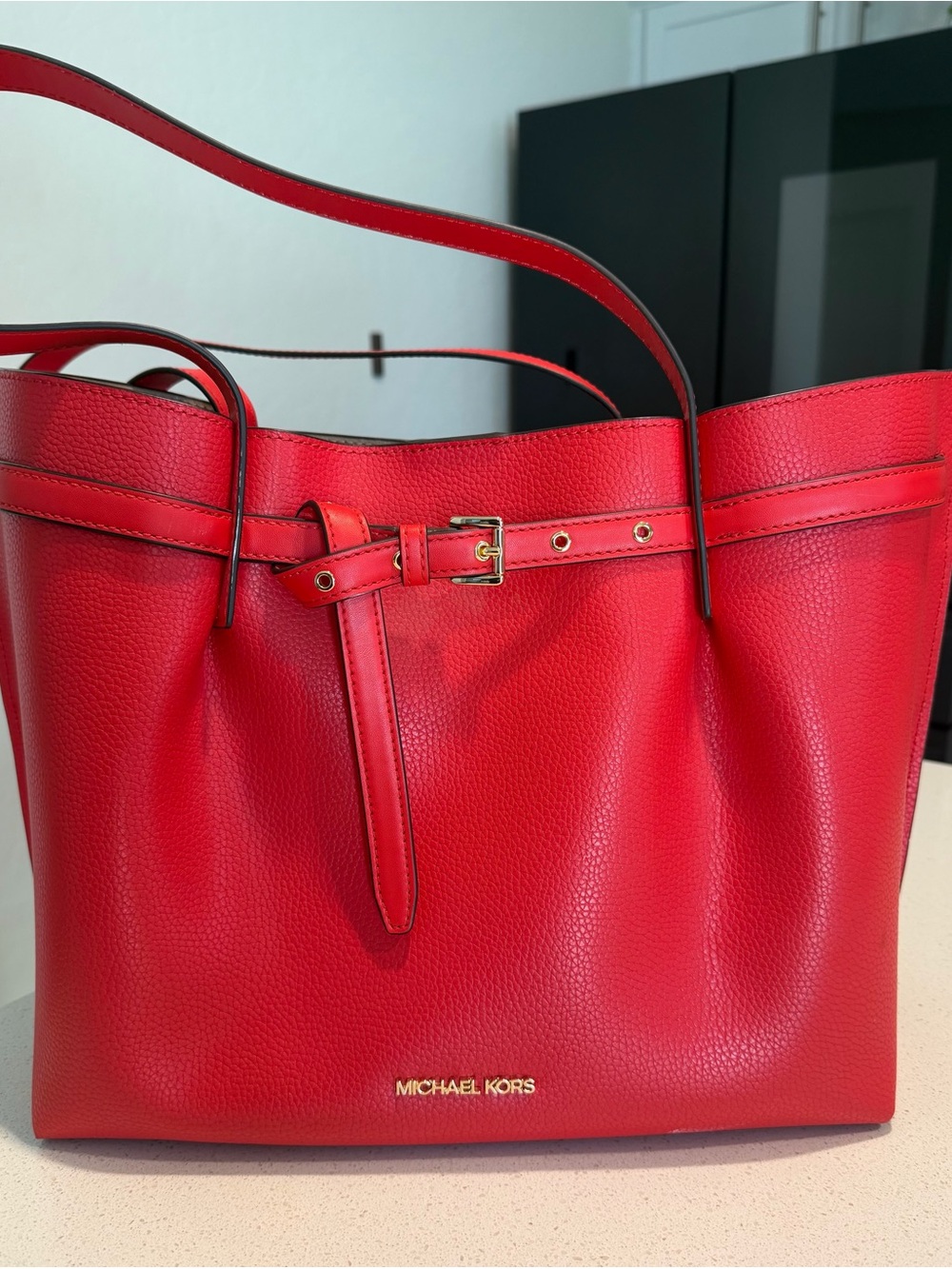 Michael Kors Red Pebbled Leather Tote with Gold Hardware